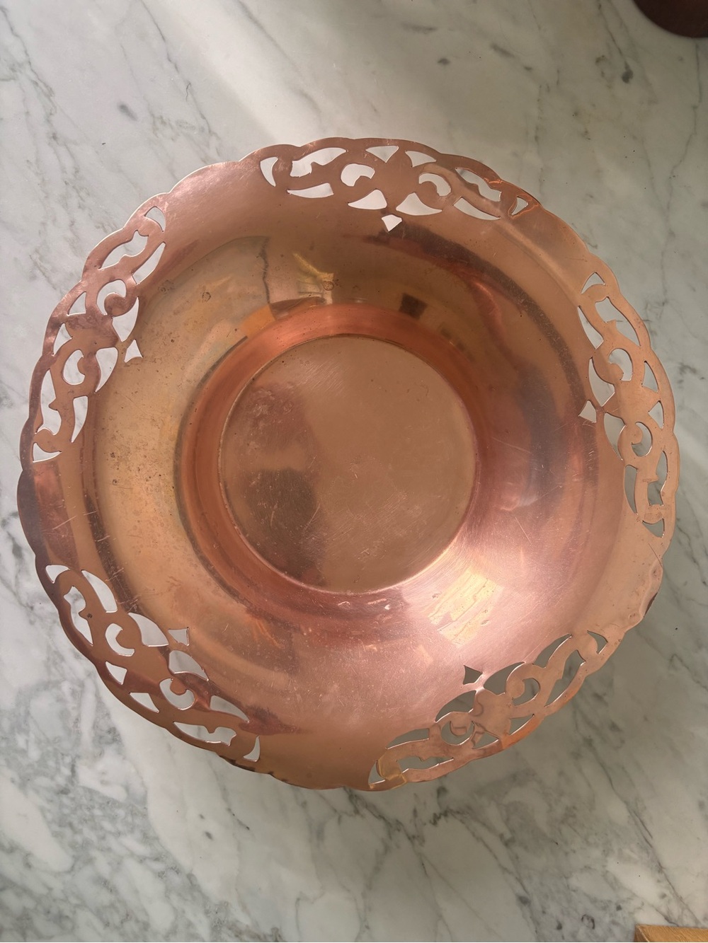 Vintage Copper Pierced Rim Three Footed Serving Bowl